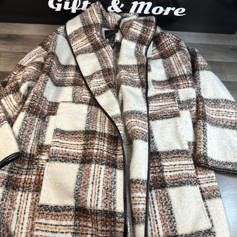 mercer & madison Cream Plaid Cape Coat with Brown and Black Trim